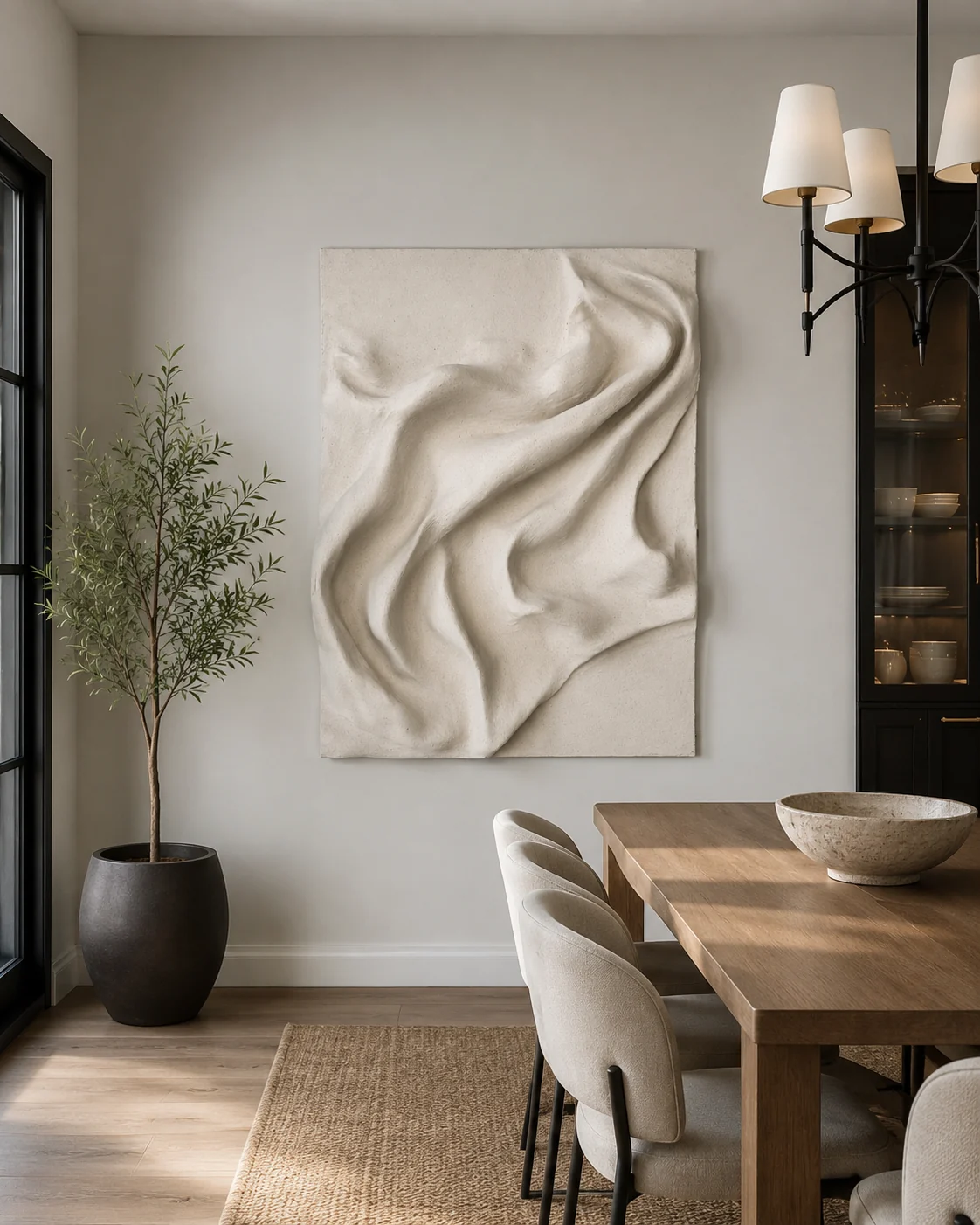 Large GraceLondon sculptural wall art in a warm dining room interior